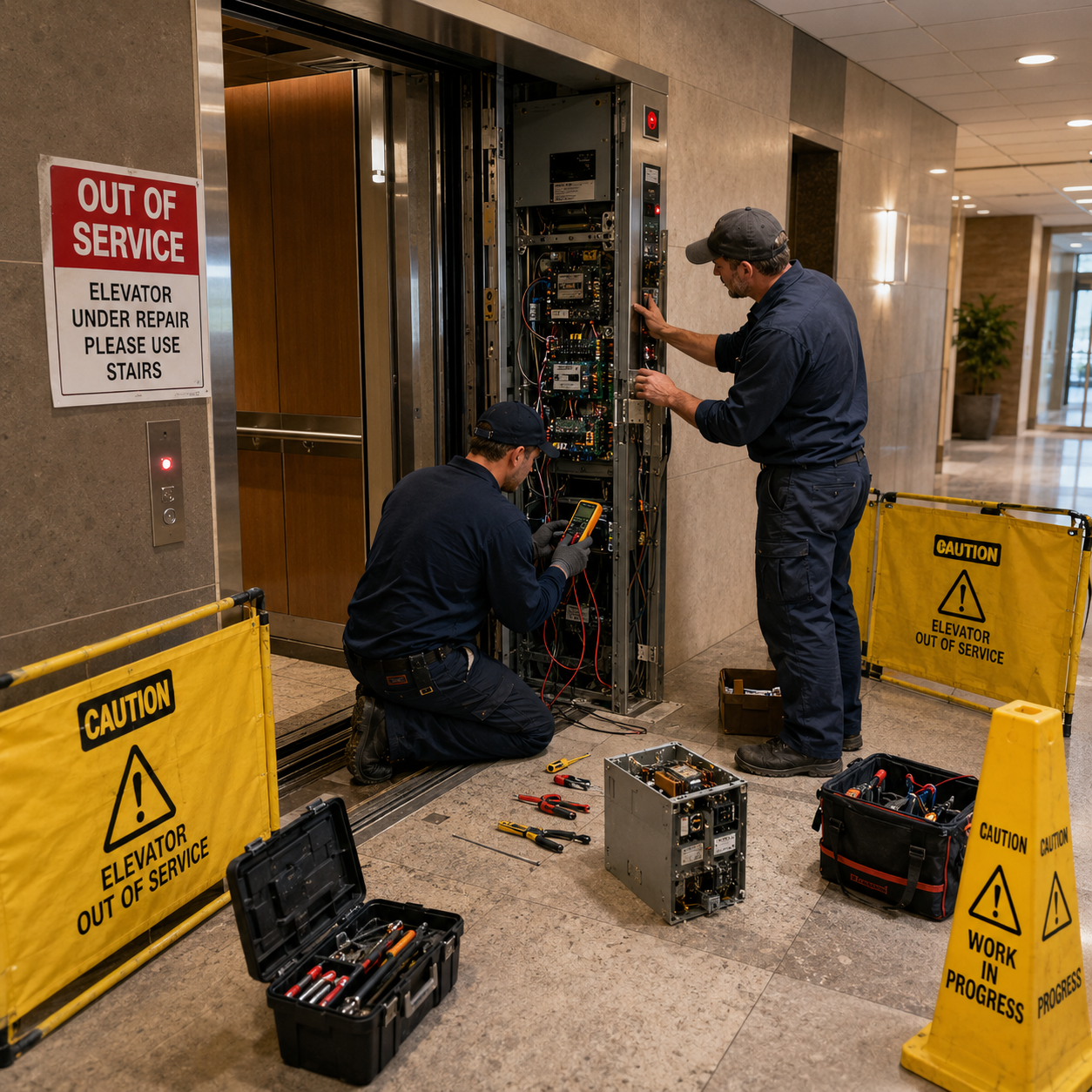Elevadores em hall com acabamento em madeira