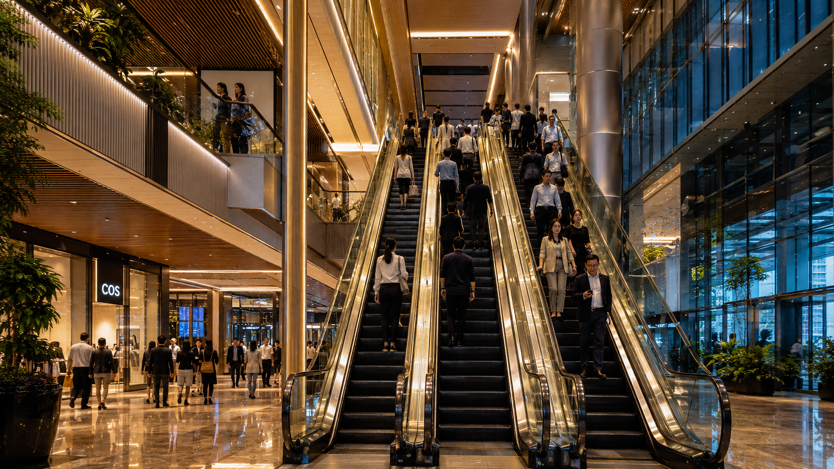 Hall moderno com elevador e escadas rolantes