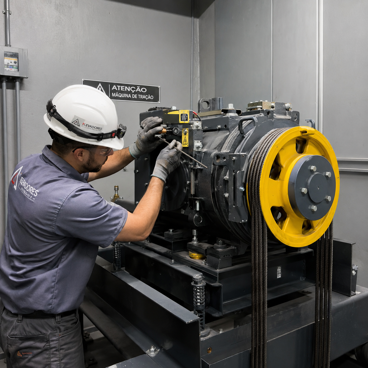 Tecnico realizando manutencao em equipamento de elevador